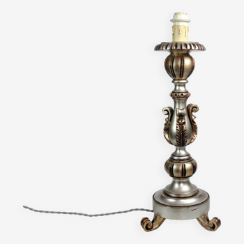 XL 1950s Wooden French Candlestick Table Lamp with Silver Gilt & Acanthus Leaf