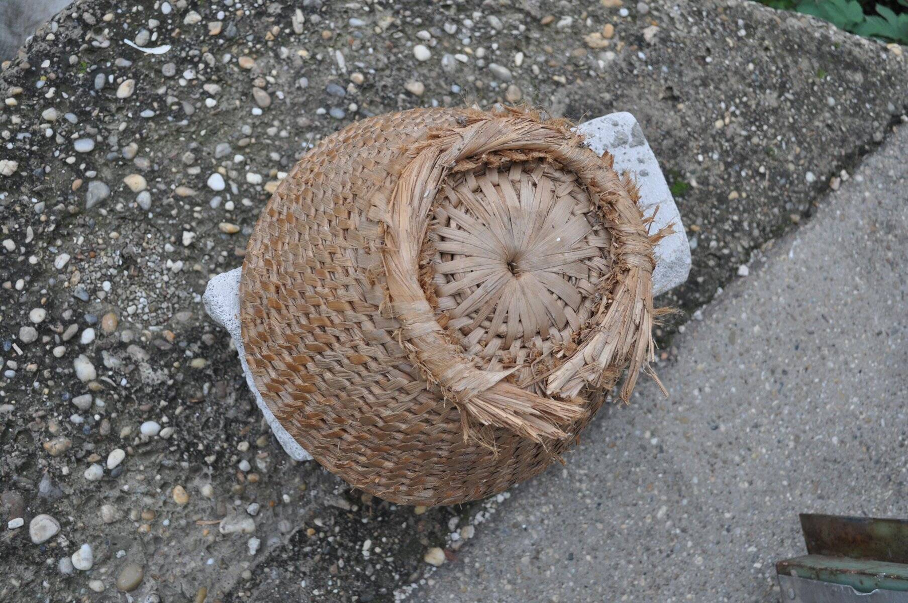 Brown woven wicker basket, 1940s, vintage French utilitarian egg basket.