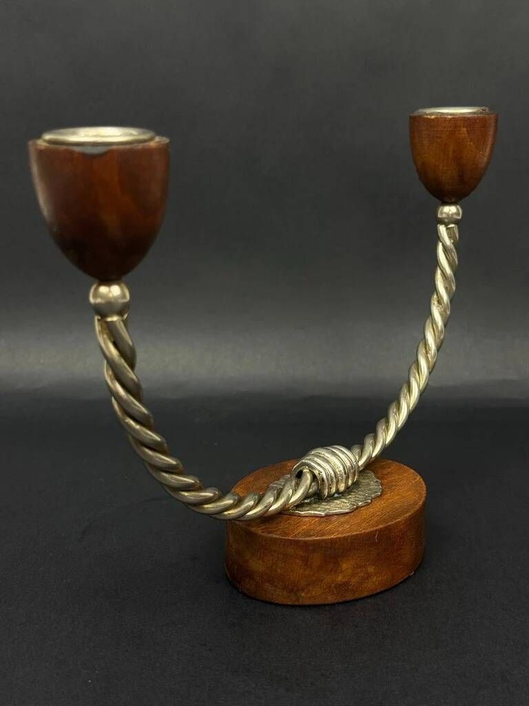 Pair of vintage candle holders in twisted wood and metal – Scandinavian design