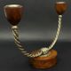 Pair of vintage candle holders in twisted wood and metal – Scandinavian design