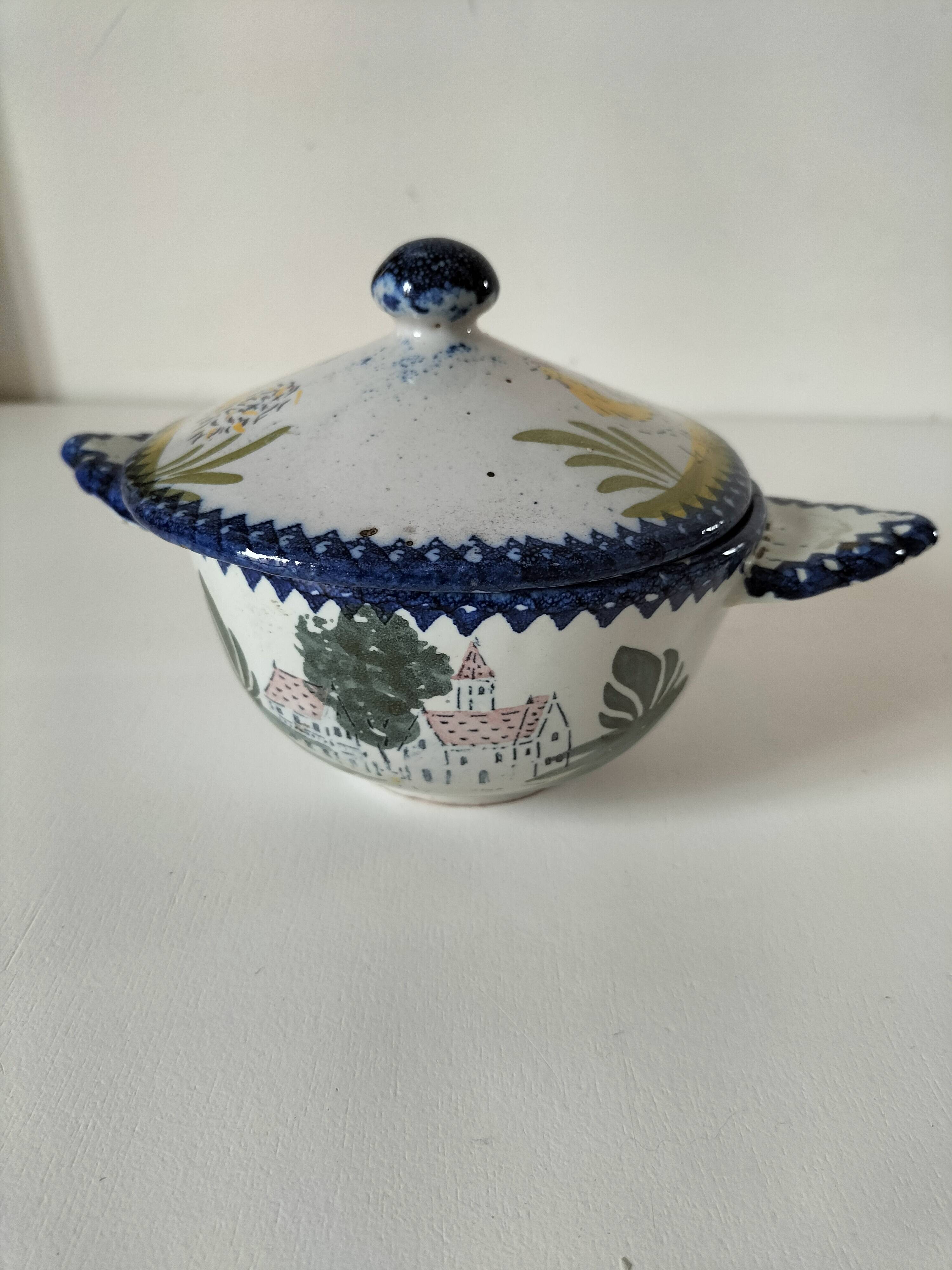 Earthenware bowl with lid from Charolles, village decoration.