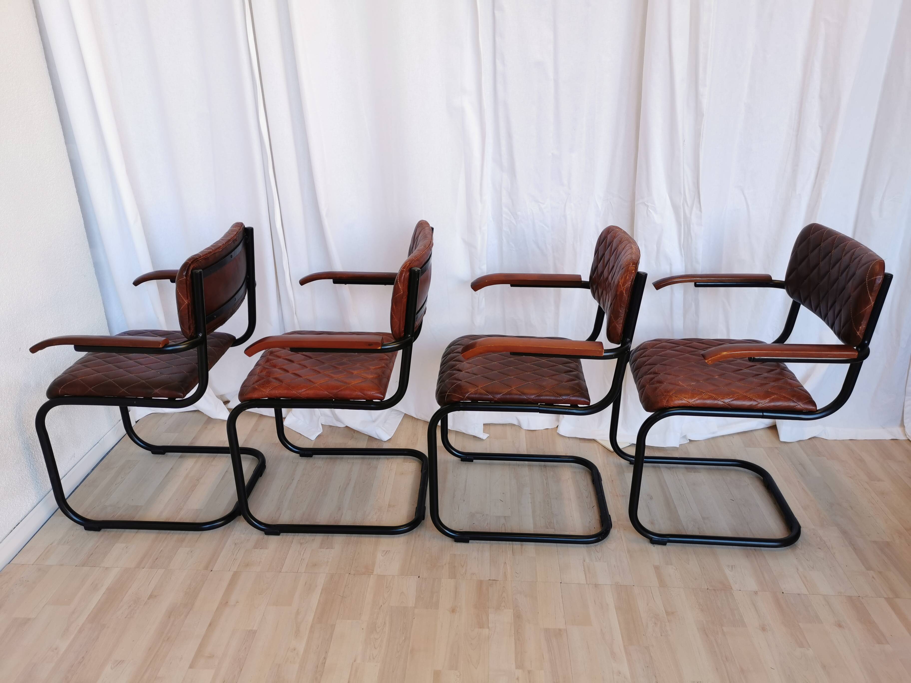 Set of 4 Vintage Quilted Leather Dining Chairs: Black Metal Base