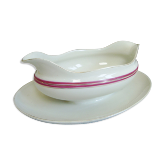 Saucière en porcelaine avec rayures couleur framboise