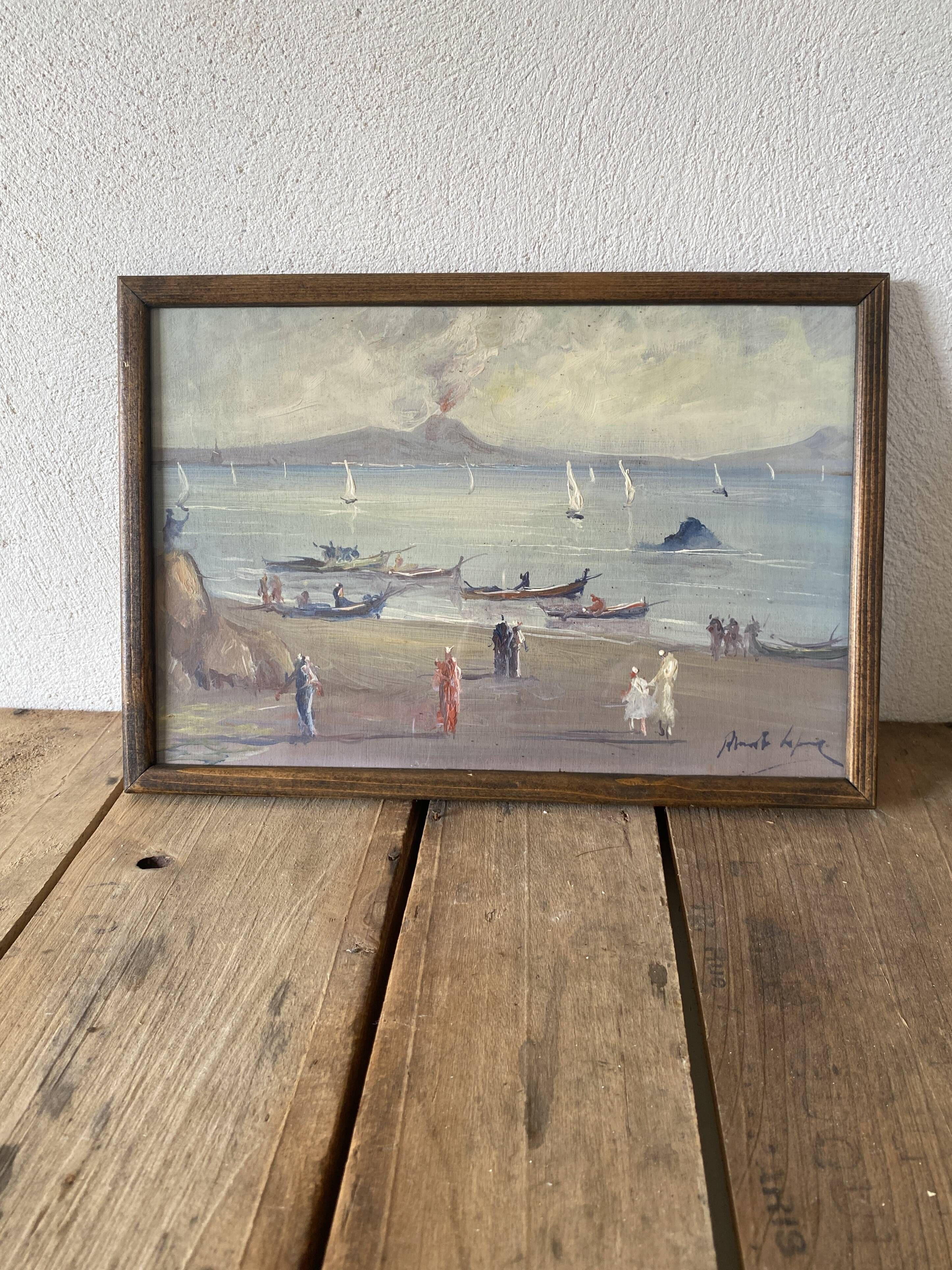 Oil painting "view of Etna" from the 60s, glass frame