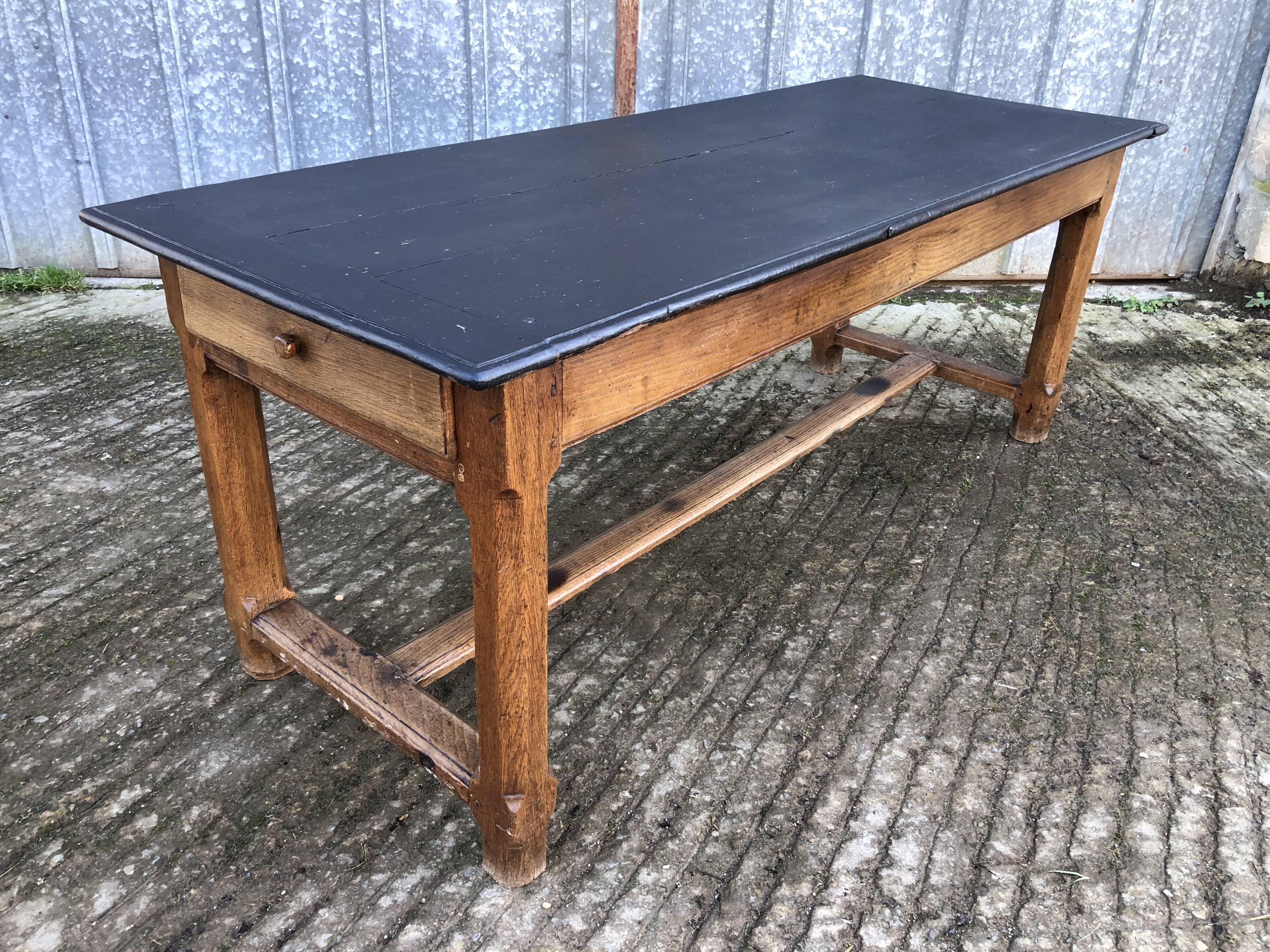 Antique oak farmhouse table with cat bar and 2 end drawers