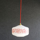 French suspension lamp in white opaline with red print pattern - comes with brass socket