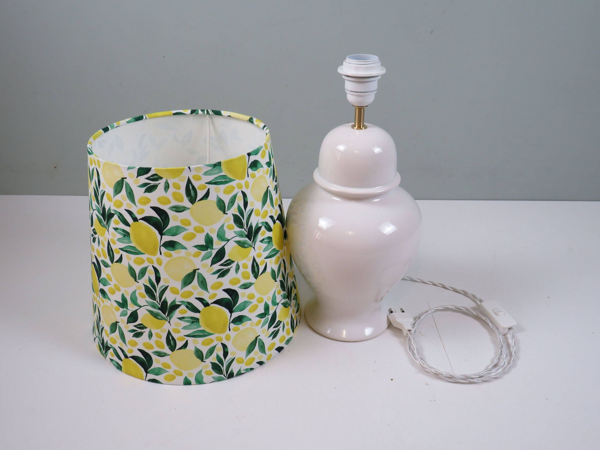 Vintage white ceramic lamp with custom lemon shade.