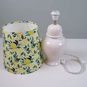 Vintage white ceramic lamp with custom lemon shade.