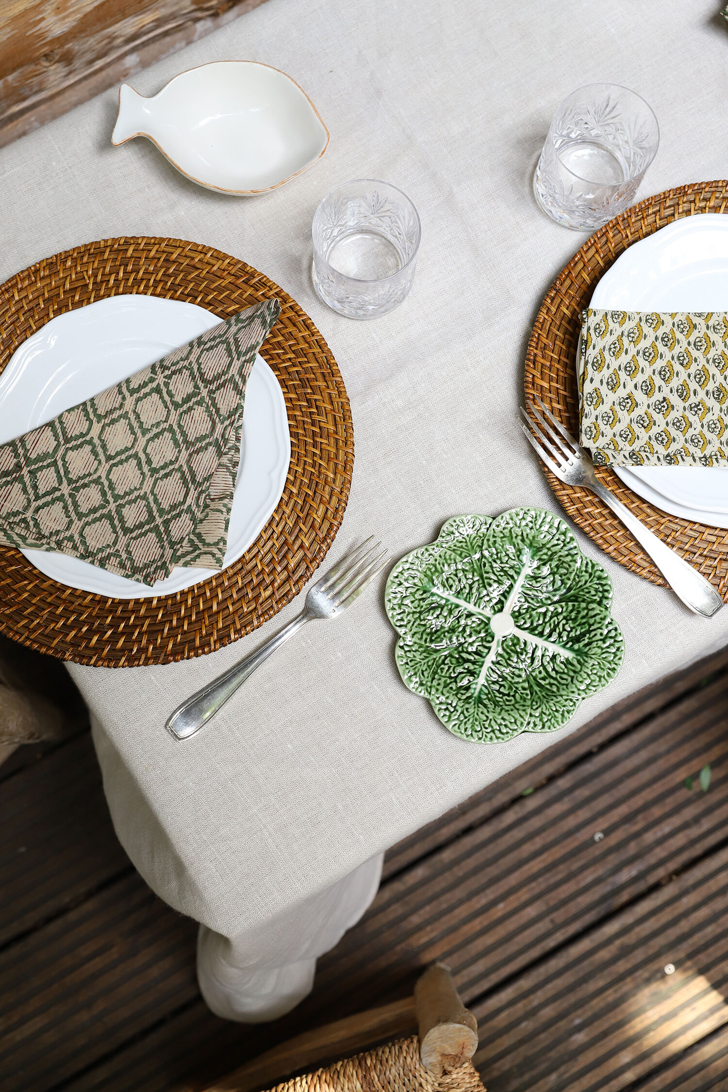 Set of 4 block-print towels with green stripes