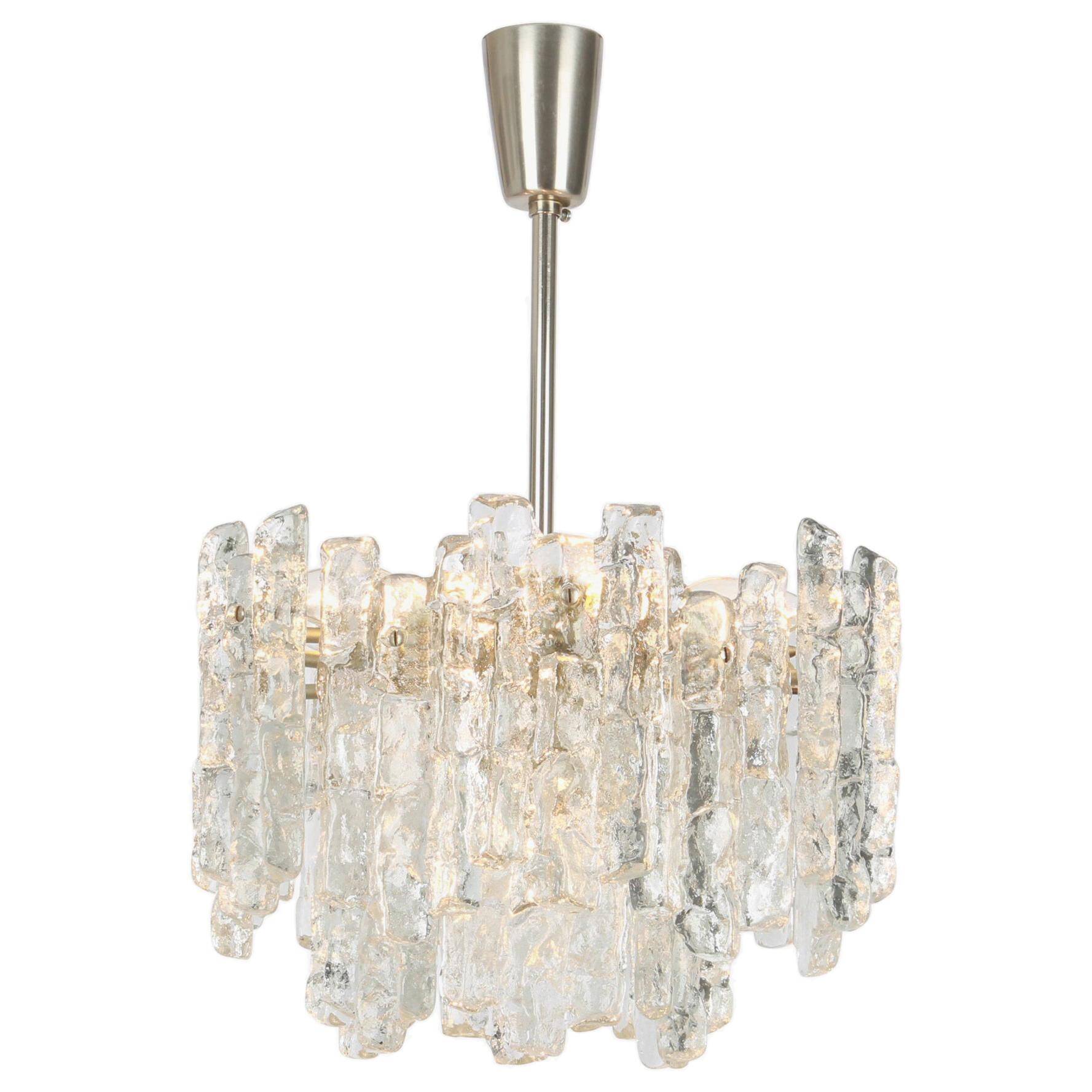 1 of 2 large ice glass chandeliers by Murano, Kalmar, Austria, 1960s