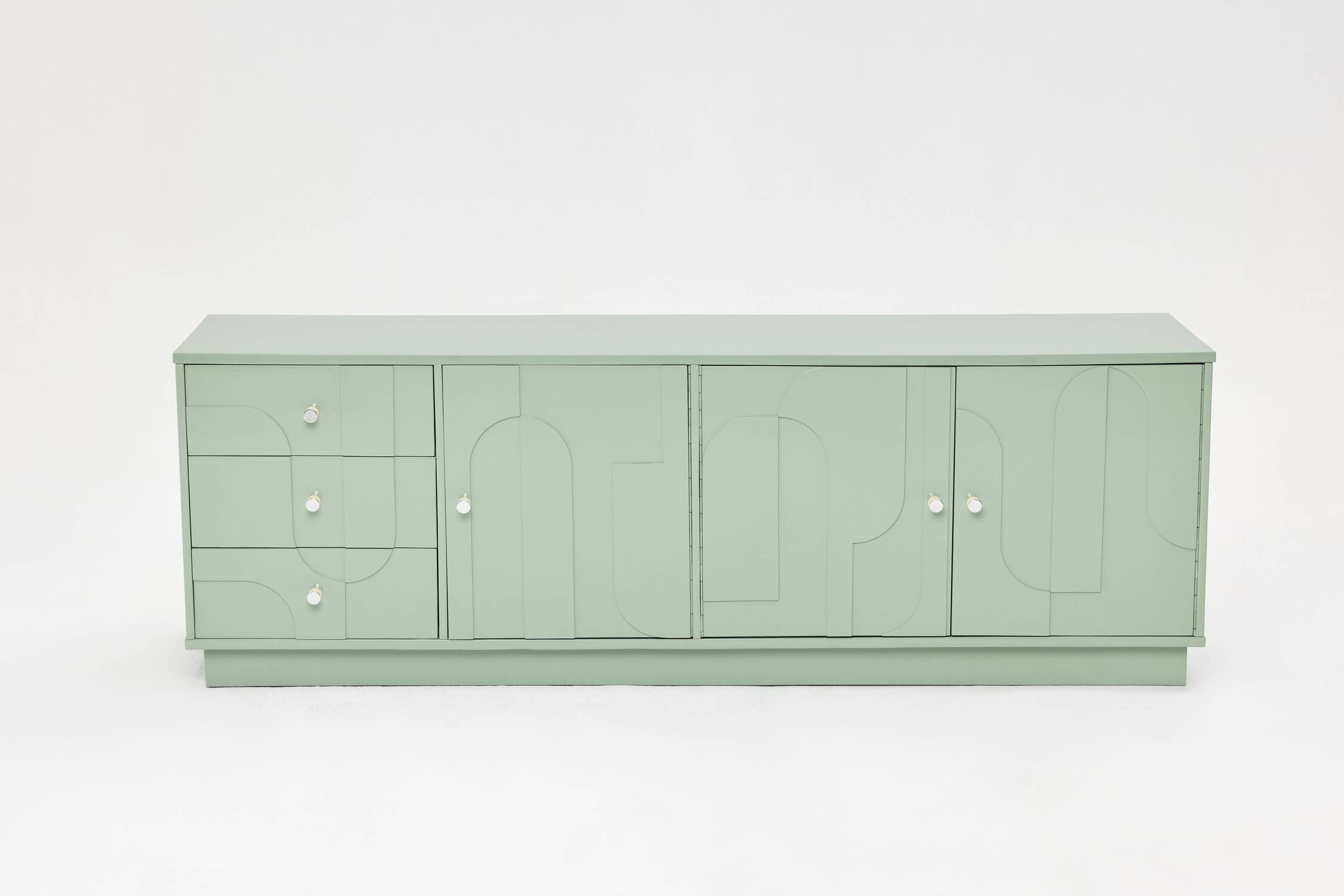 Buffet vintage des années 1970, vert pastel, relief, finition brillante, chrome