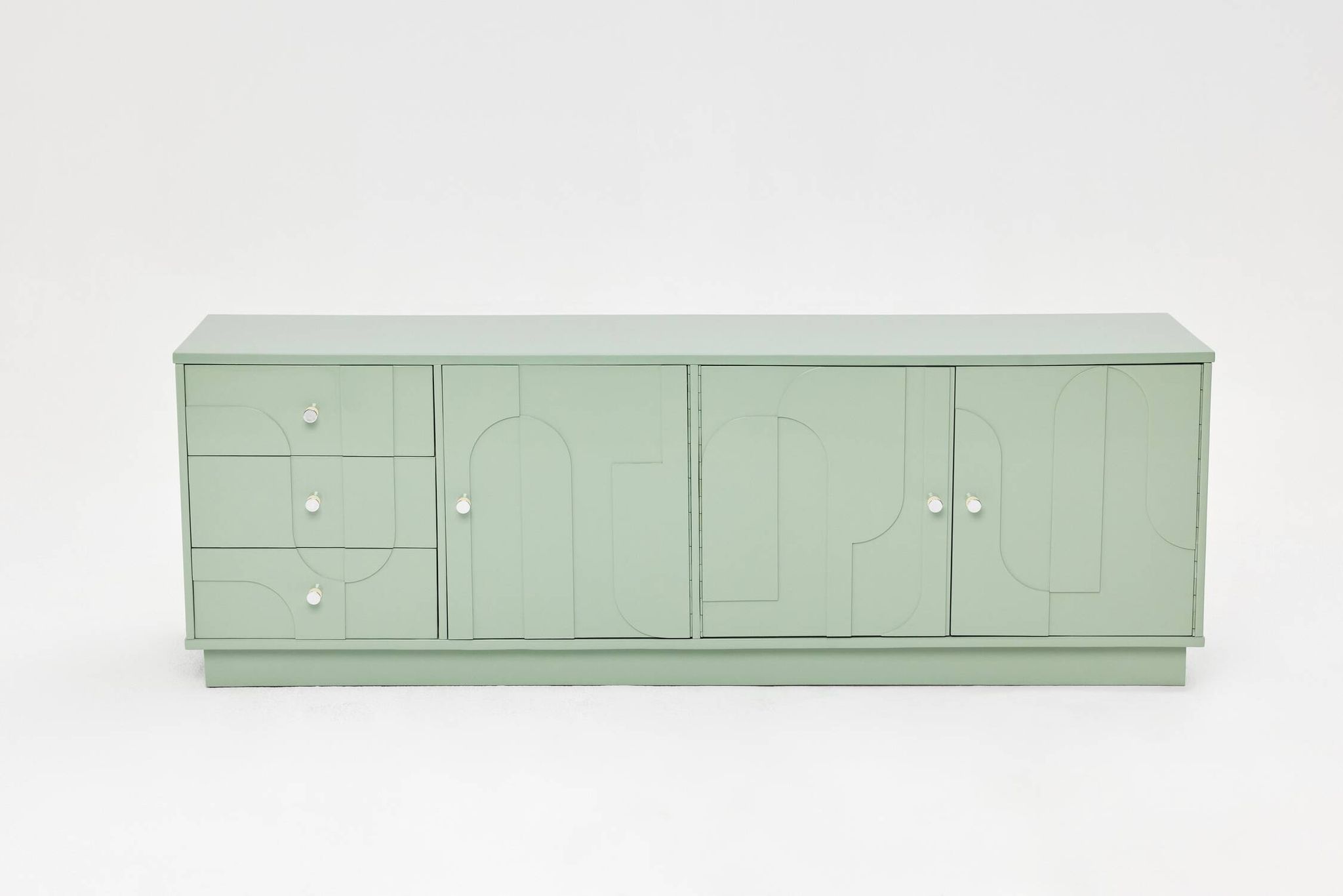 1970s Vintage Sideboard, Pastel Green, Relief, High-Gloss Finish, Chrome