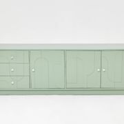1970s Vintage Sideboard, Pastel Green, Relief, High-Gloss Finish, Chrome