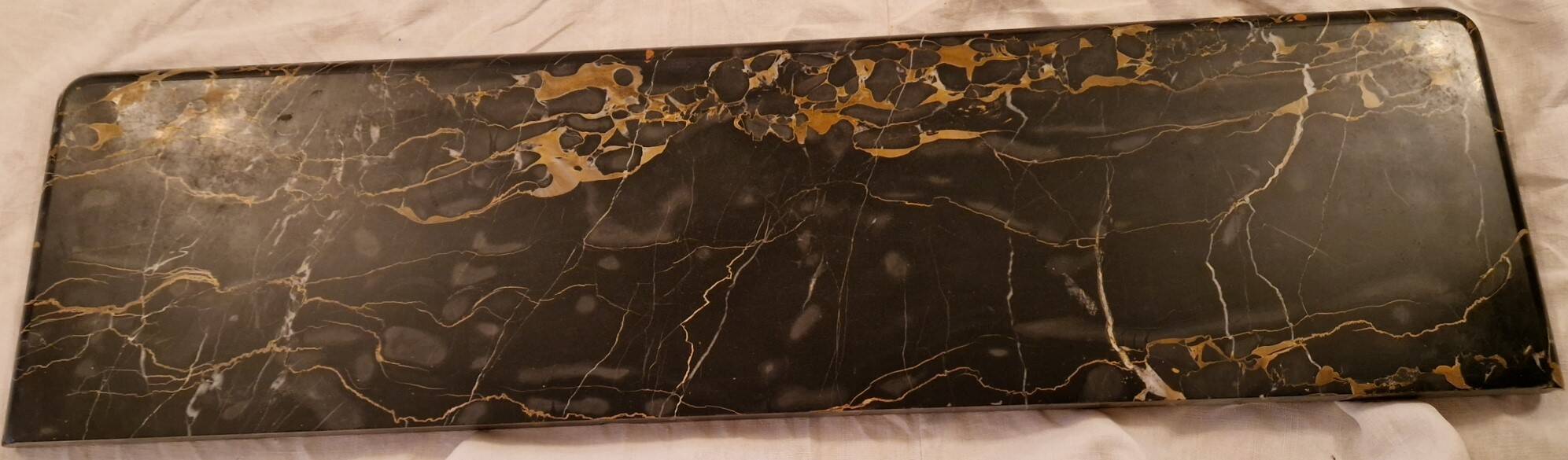 Napoleon III display cabinet in marquetry, Louis XV style, black marble, gilded bronze.