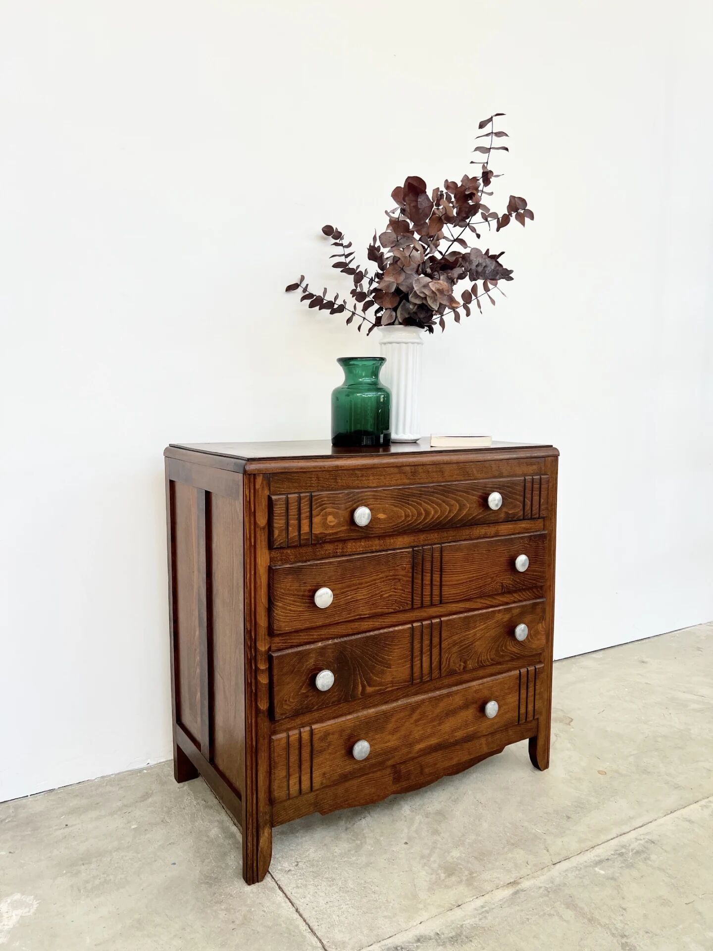 Small chest of drawers with 4 drawers — solid wood, Art Deco patterns, France 1950s