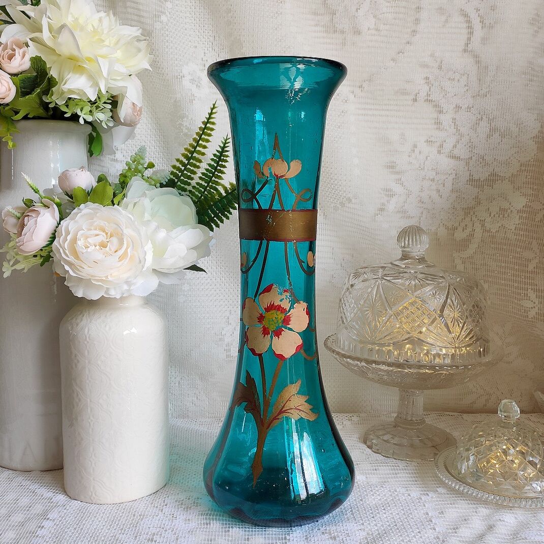 Large art nouveau turquoise blown glass vase