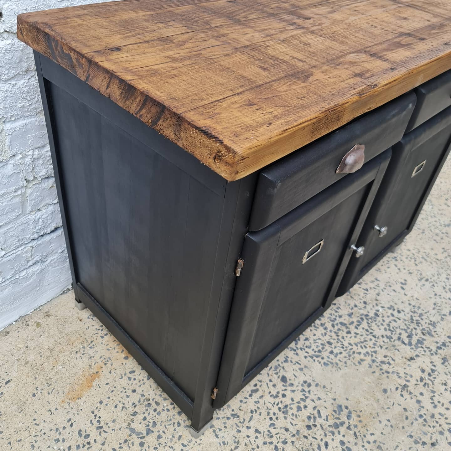 Old workshop furniture workbench tray two doors two drawers