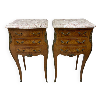 Pair of Louis XV style inlaid and marble bedside table