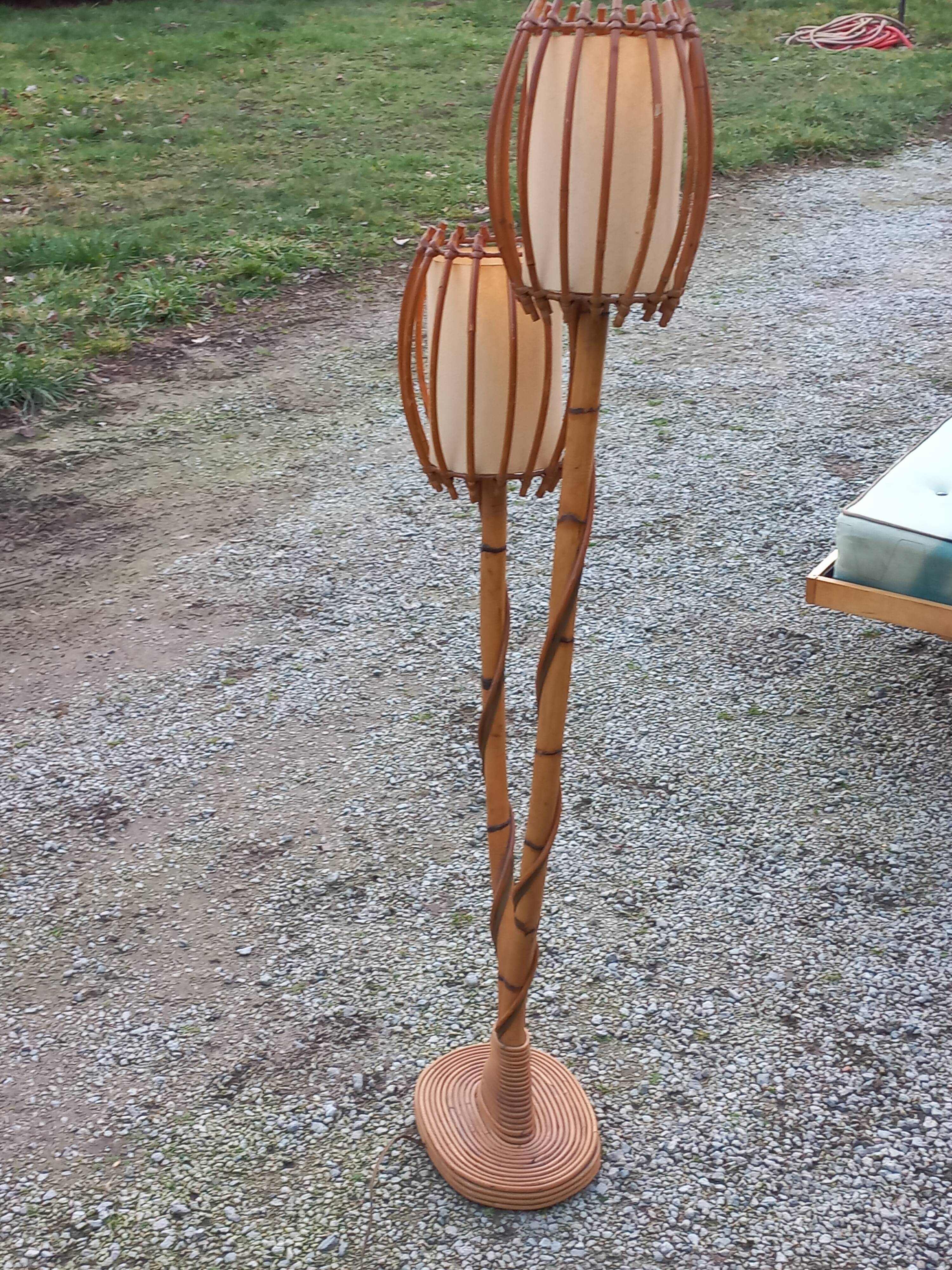 Bamboo and rattan floor lamp 2 lights from the 70s