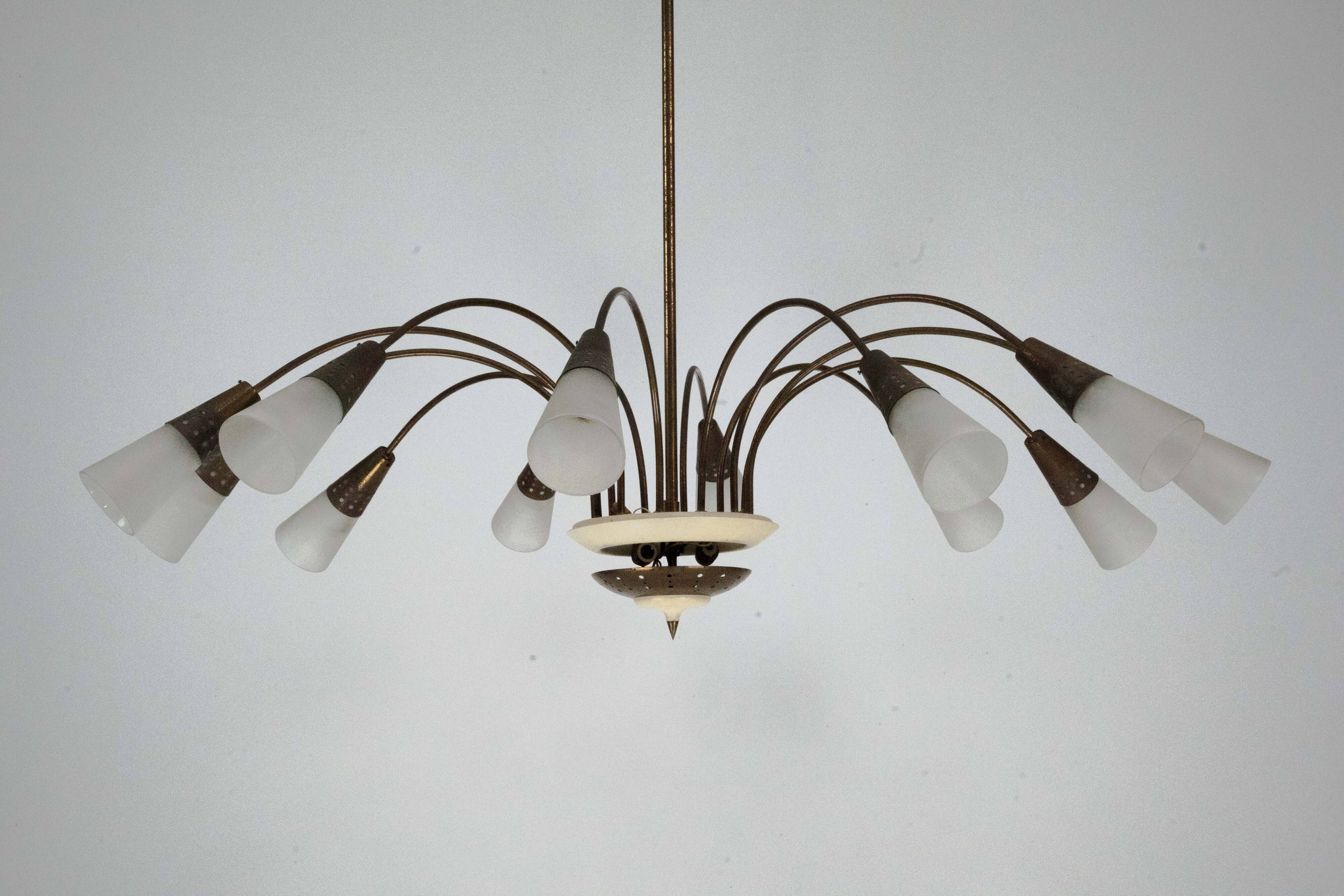 Large Italian Mid-Century Sputnik Brass Chandelier with Satin Glass, 1950s