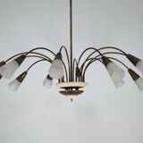 Large Italian Mid-Century Sputnik Brass Chandelier with Satin Glass, 1950s