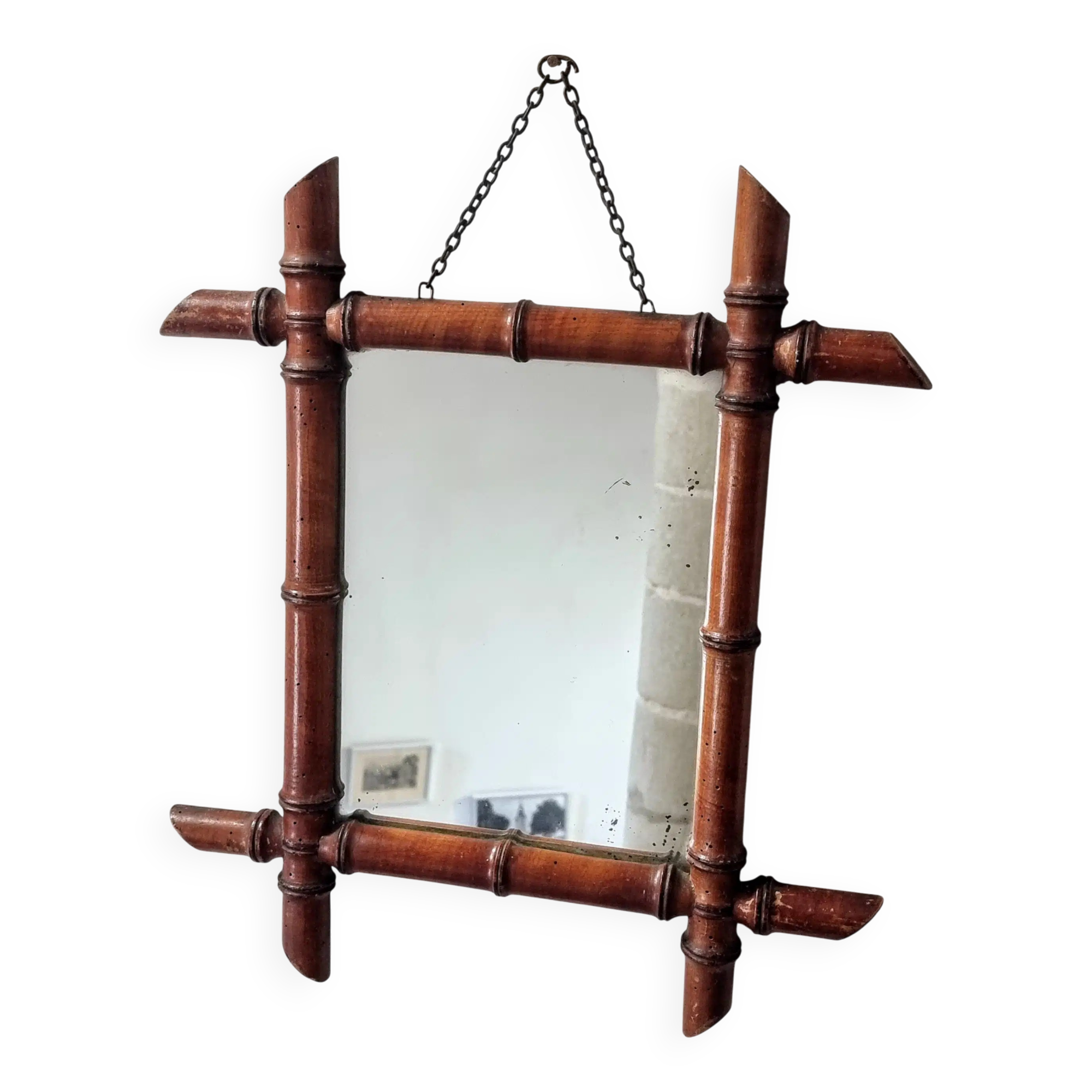 Antique Faux Bamboo Mirror - French Wall Mirror with Chain, 38×44 cm