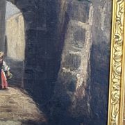 19th century painting, oil on canvas, interior decor of a lively village