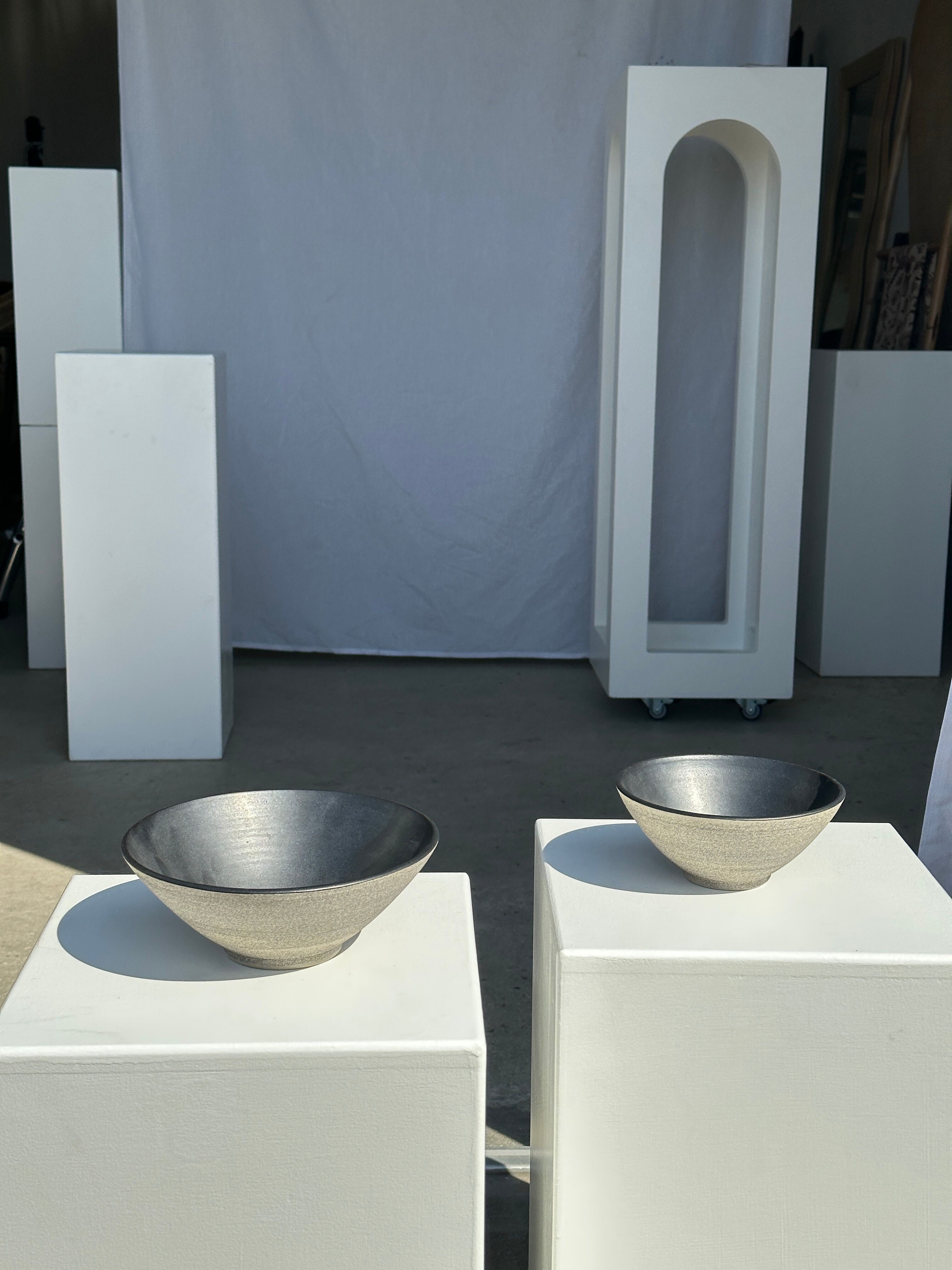 Duo of gray Indonesian ceramic bowls or salad bowls