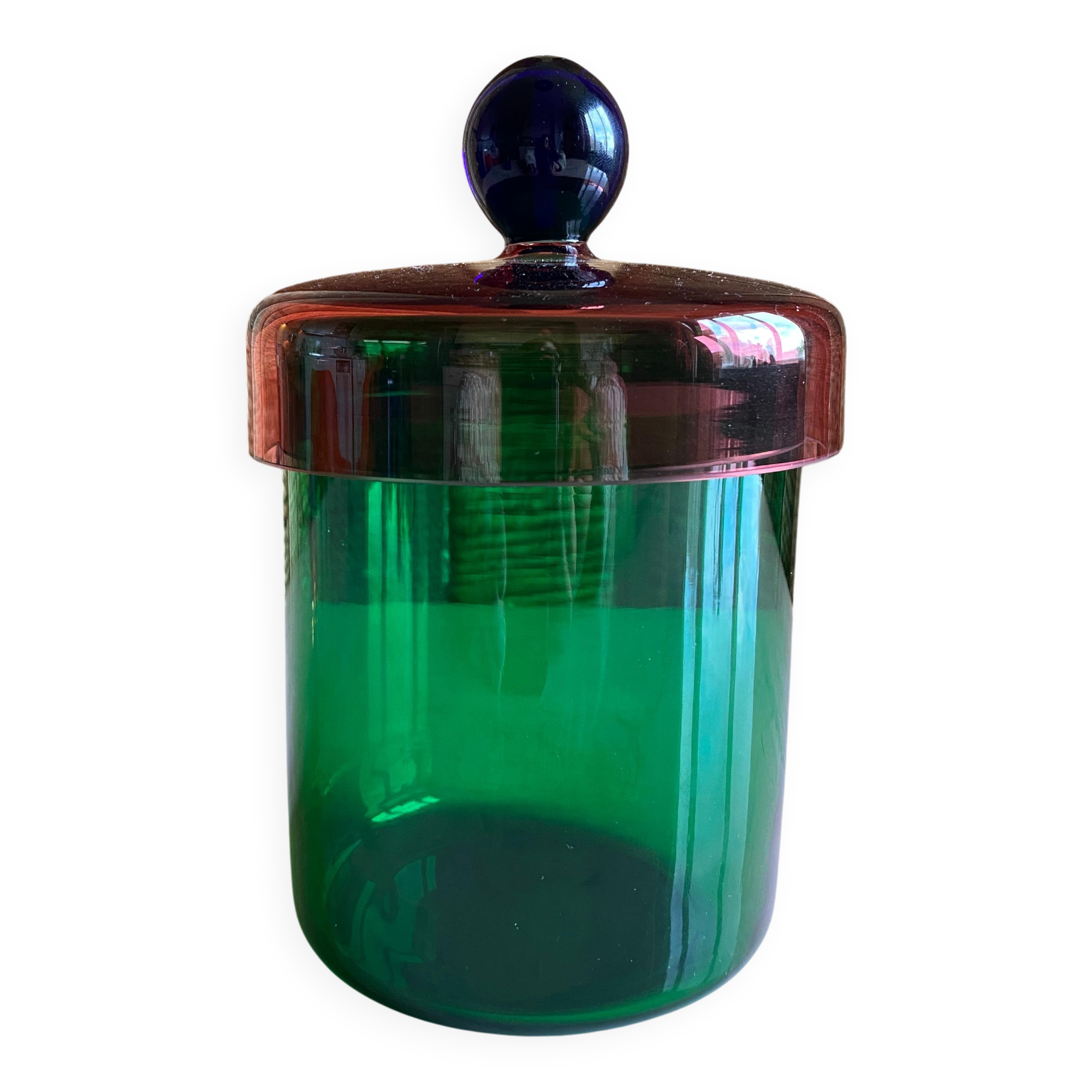 Bocal en verre fait main vert, rose et bleu avec couvercle par Erik Höglund, 1992