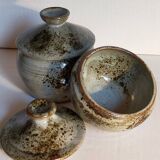 Duo of potter's pots covered in vintage glazed stoneware