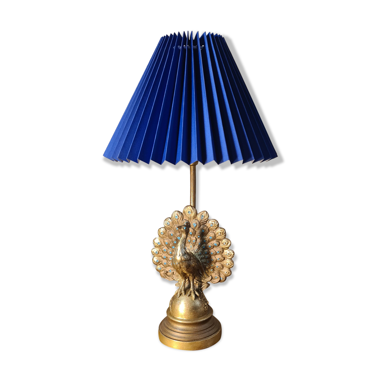 Art Nouveau style steel and brass peacock lamp, 40x22