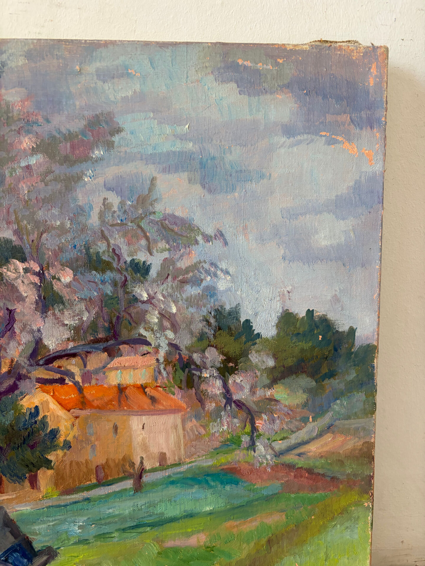 Under the cherry tree in bloom, oil on canvas signed Lacas.
