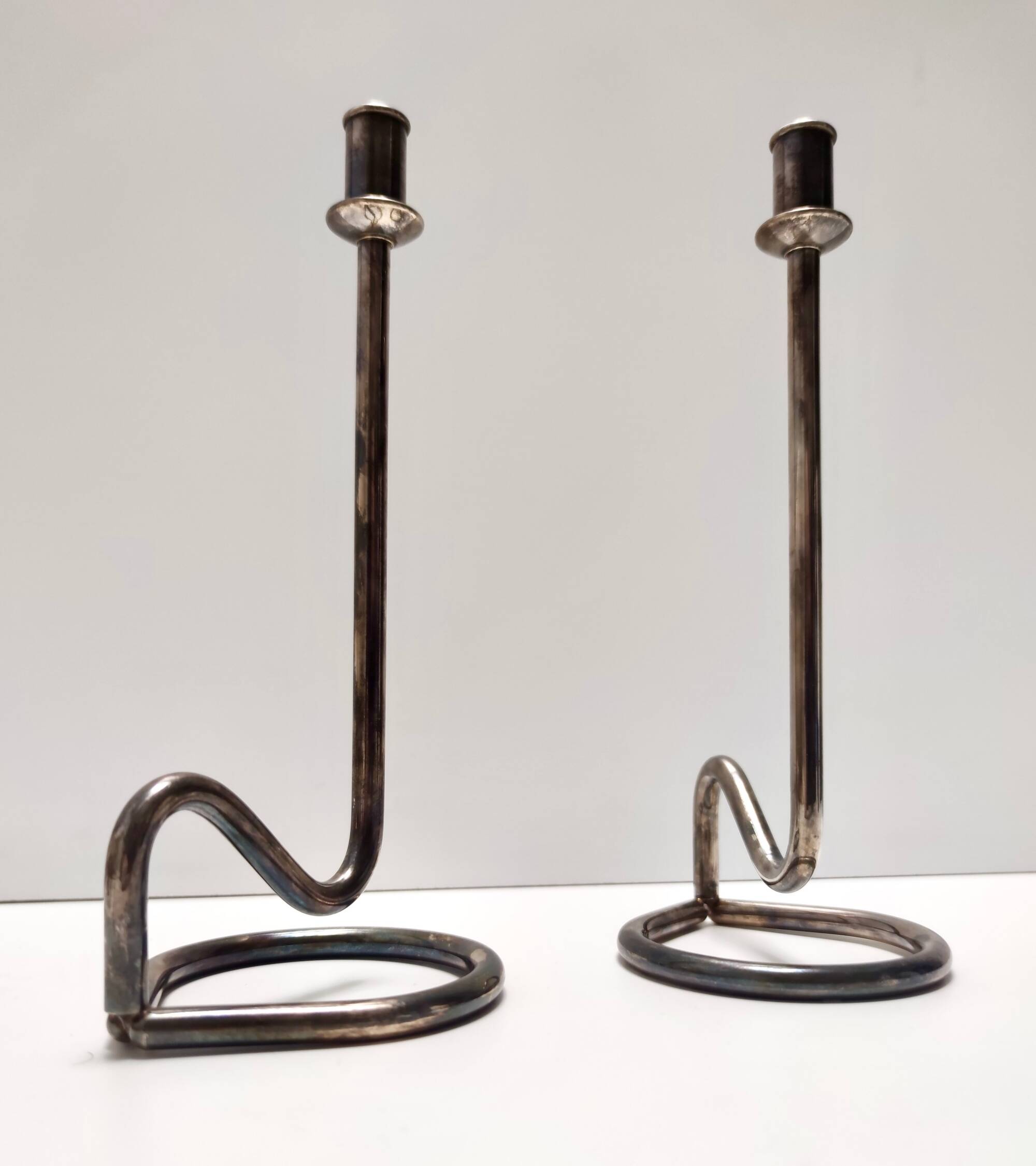 Minimalist Pair of Silver Plated Metal Candleholders in the Style of Sabattini