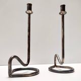 Minimalist Pair of Silver Plated Metal Candleholders in the Style of Sabattini