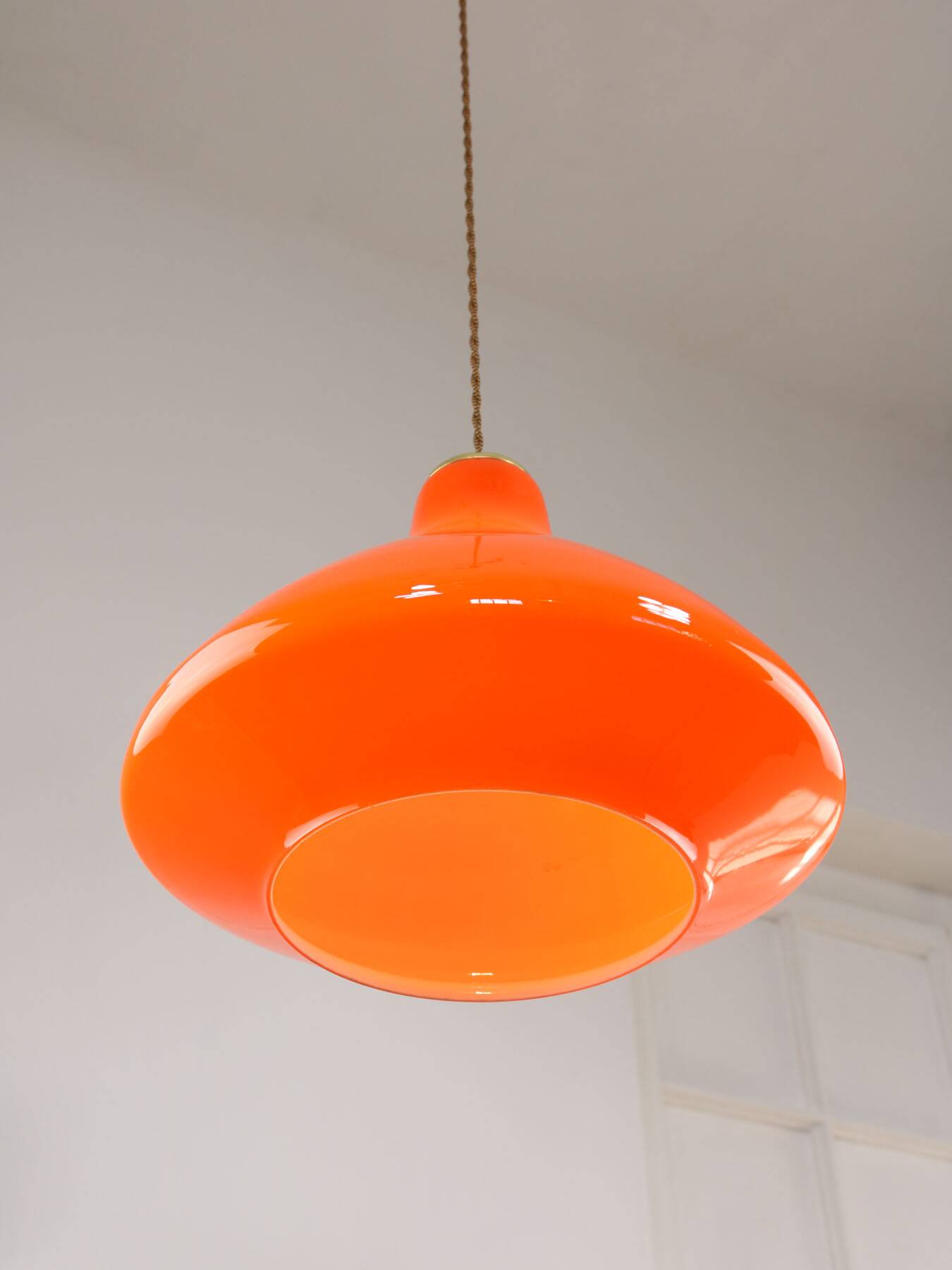 Mid-Century Italian Orange Glass and Brass Pendant Lamp