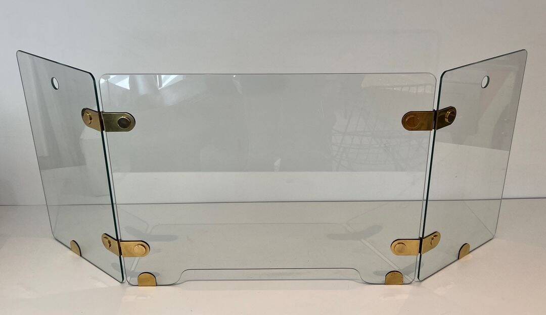 Three-Panel Folding Fire Screen with Clear Glass and Brass Hinges Ova