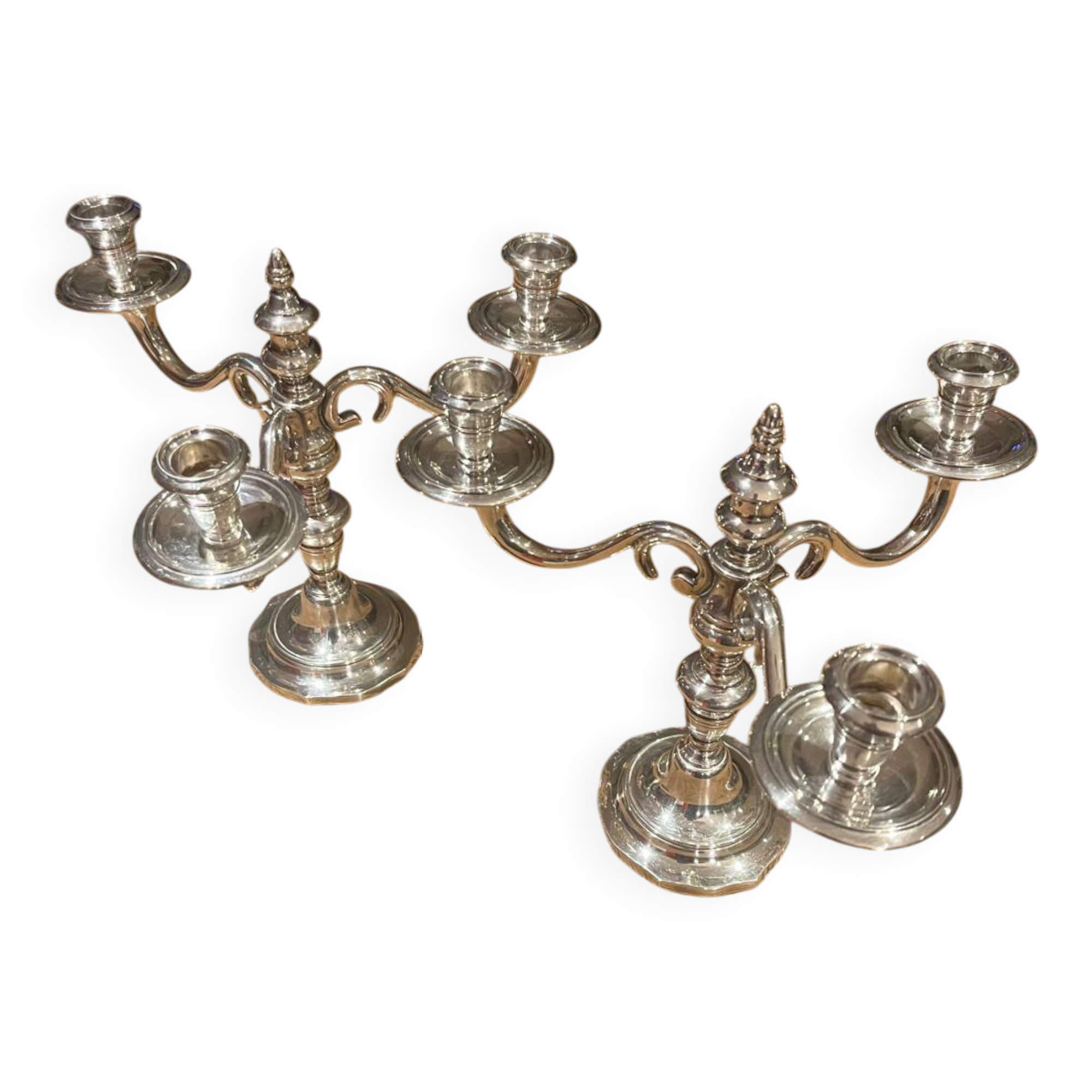 Pair of candelabra, three silver-plated metal lights