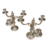Pair of candelabra, three silver-plated metal lights