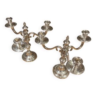 Pair of candelabra, three silver-plated metal lights