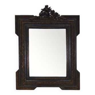 Ancien miroir à fronton en bois et stucs noir et dorés - Epoque Napoléon III
