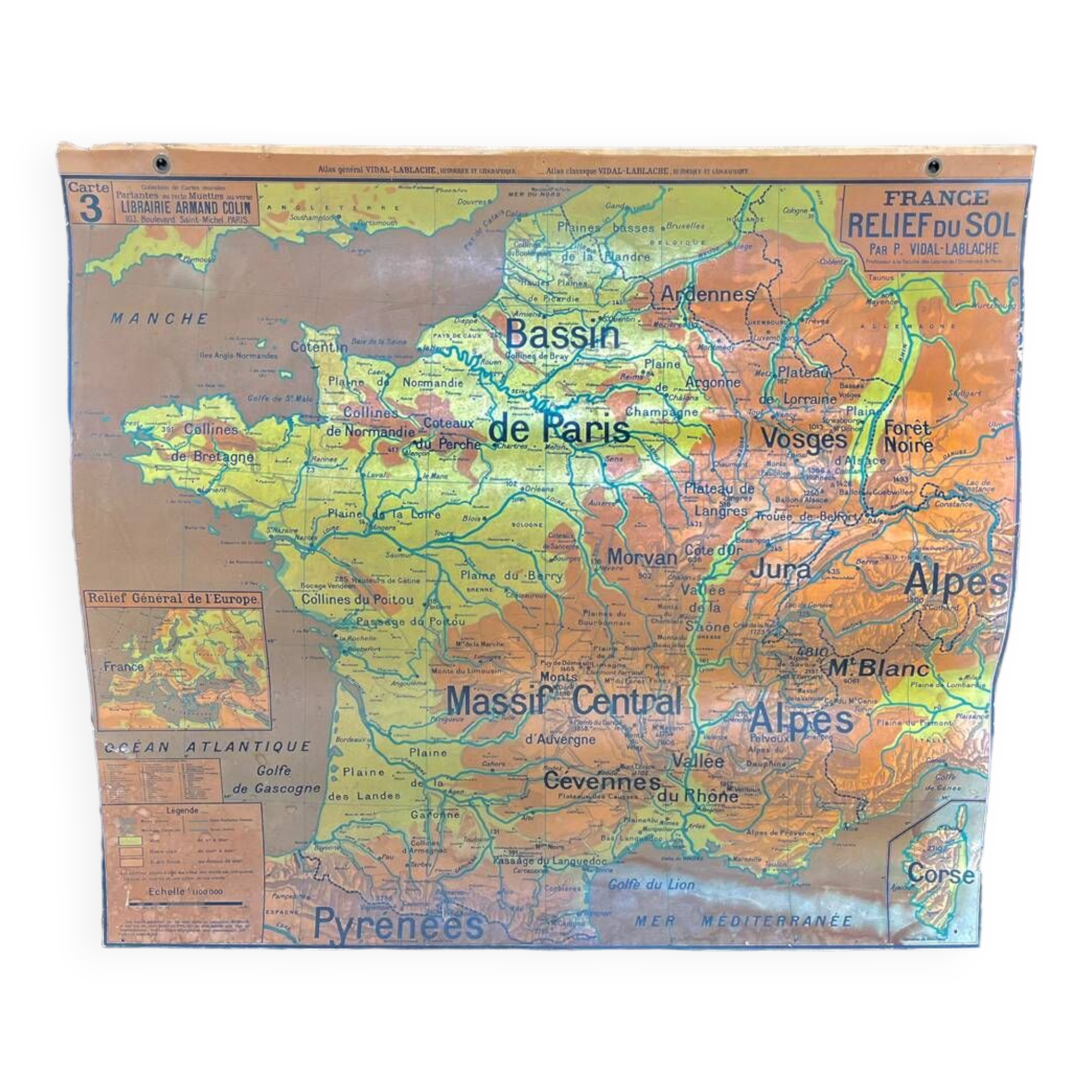 Old cardboard school map of France