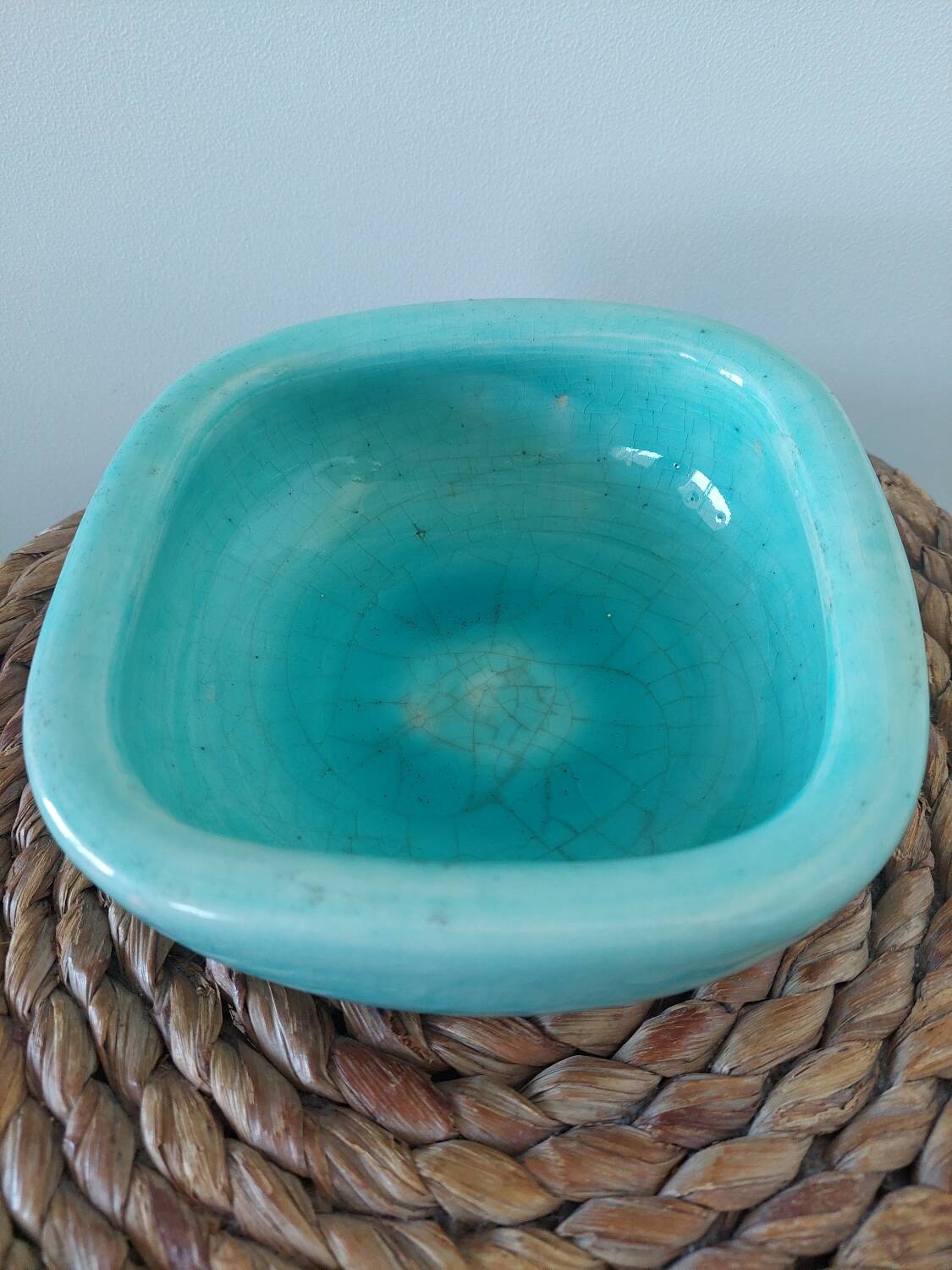 Art deco bowl signed Keramos in turquoise cracked ceramic