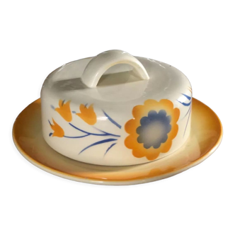 Old ceramic butter dish Deutschland Vintage yellow with flowers