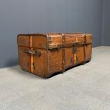 Antique brown travel case with wooden slides from the early 1900s