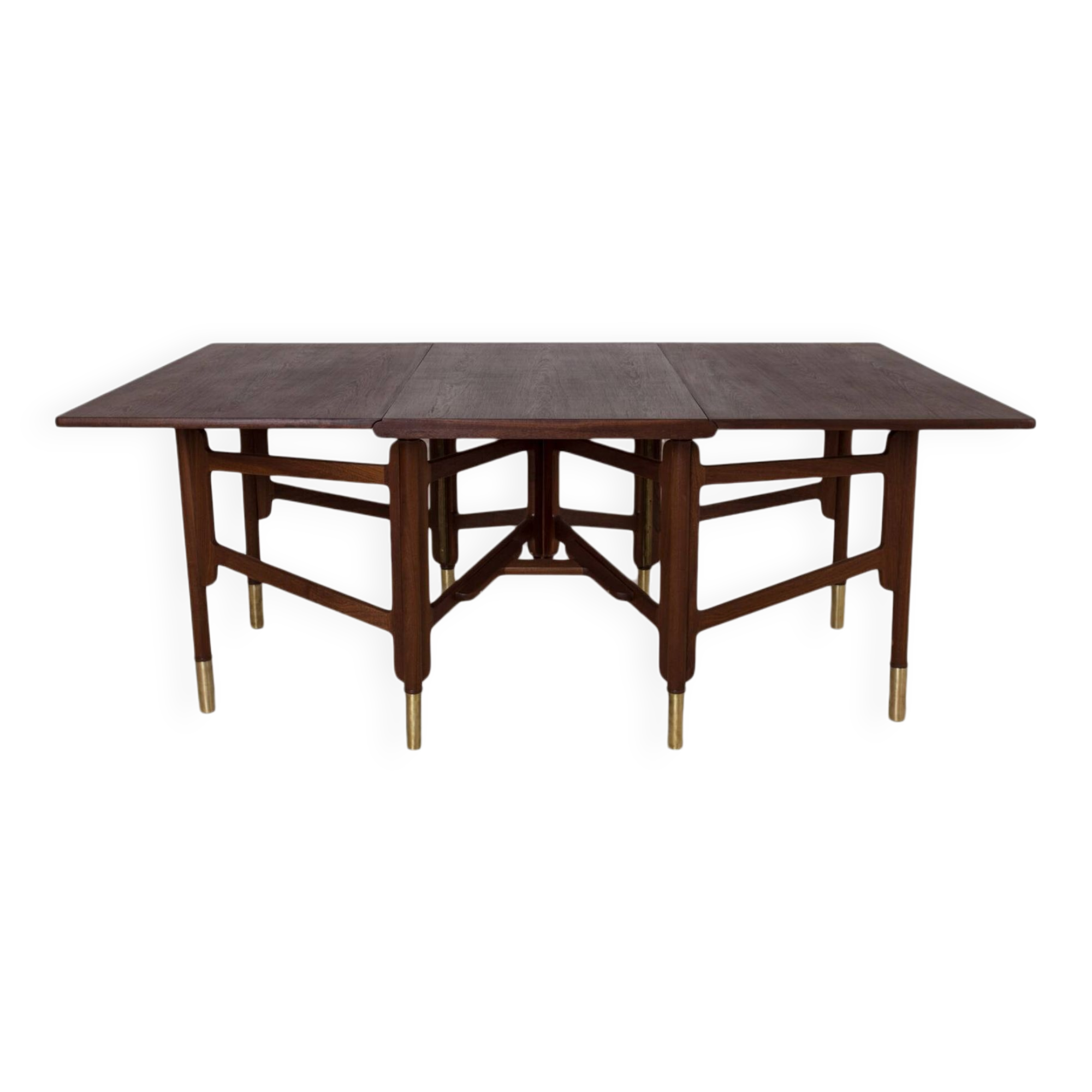Table à manger vintage, bois de teck, éléments en laiton, Norvège, années 1950