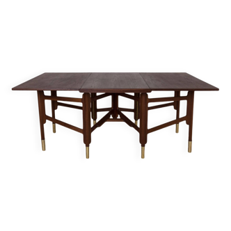 Midcentury Dining Table, Teak Wood, Brass Elements, Norway, 1950s