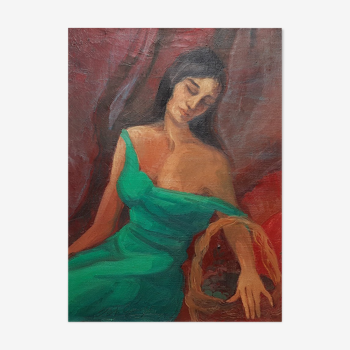 Painting by Jean Goujon "young woman in green dress"