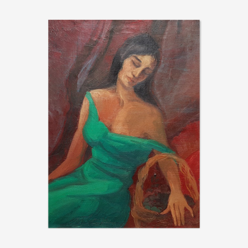 Peinture de Jean Goujon "jeune femme à la robe verte"