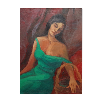 Painting by Jean Goujon "young woman in green dress"
