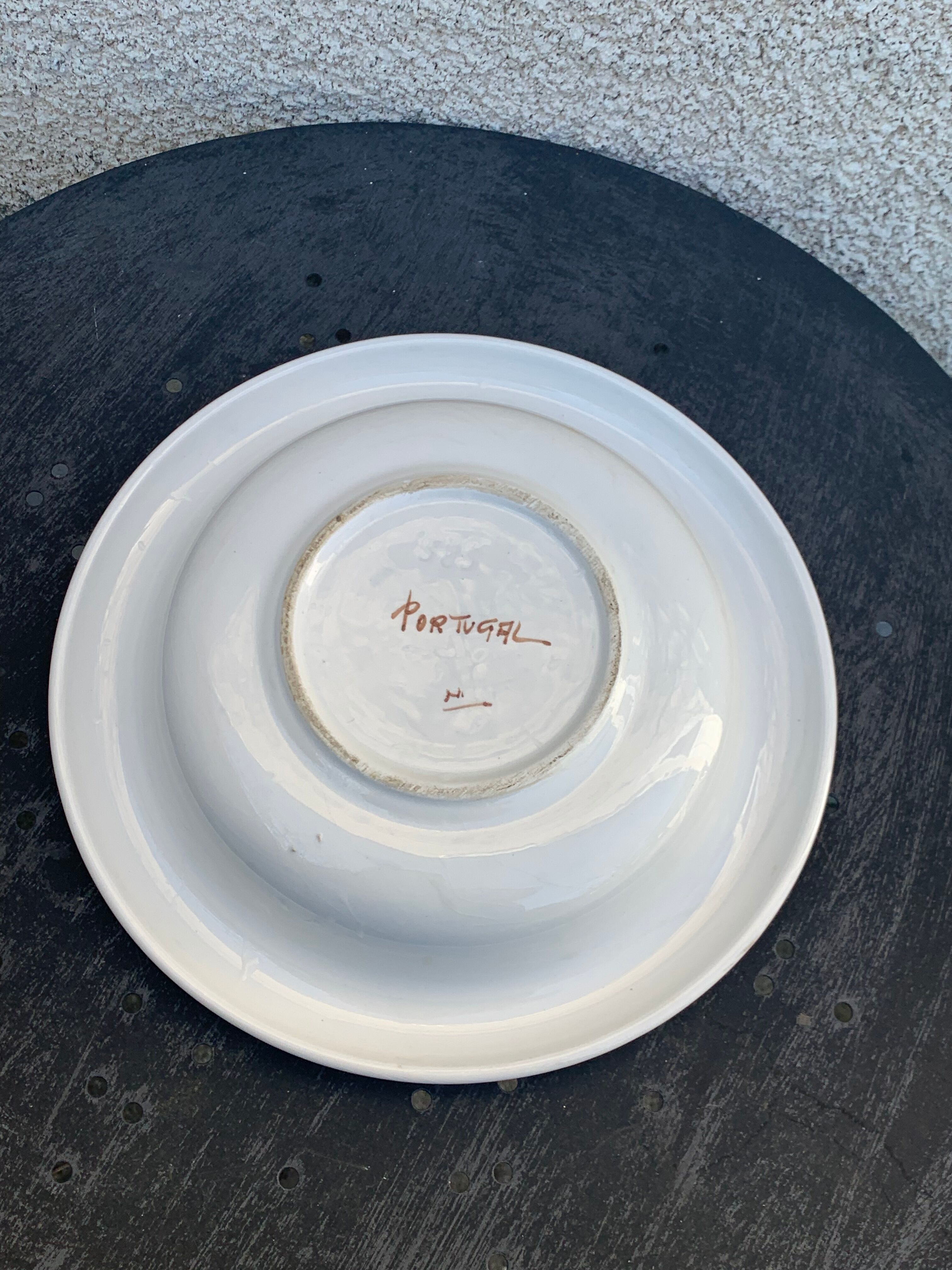 Hollow dish in enameled ceramic bird pattern hand painted Portugal numbered
